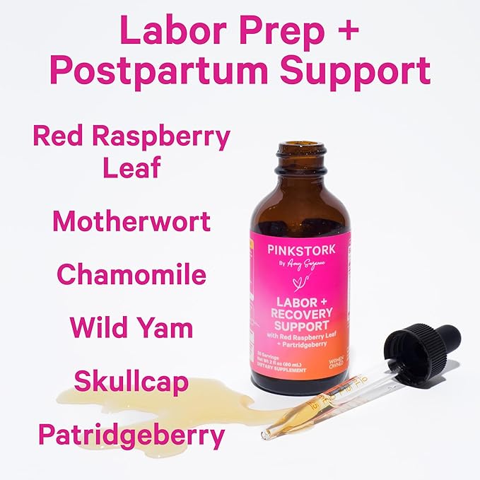 Pink Stork Labor Prep and Recovery Tincture with Red Raspberry Leaf - Natural Third Trimester & Postpartum Essentials, 9 Herbs for Gentle Birth, Uterine Support, & Hormone Balance - 2 oz