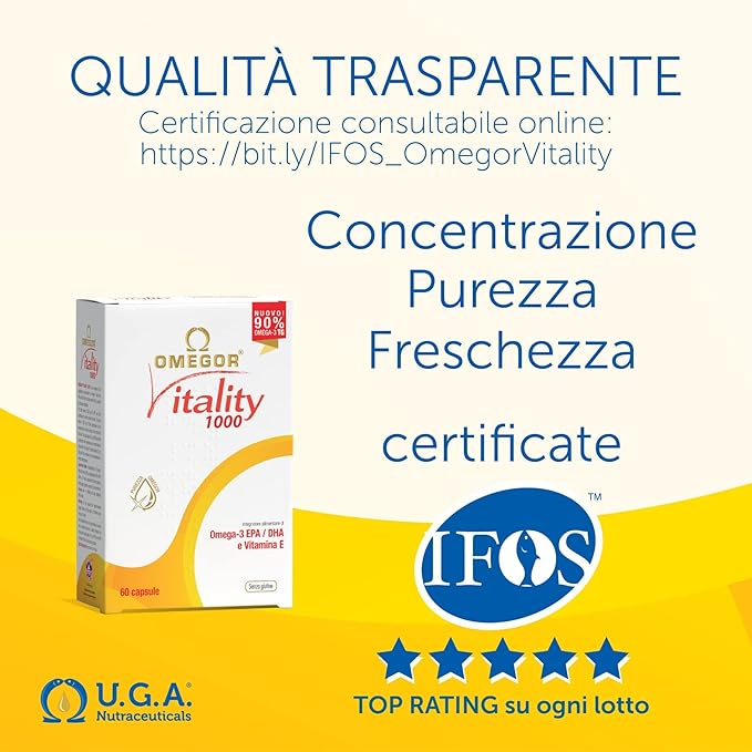OMEGOR Omega 3 Fish Oil Supplement IFOS Certified Vitality 1000 with 800mg EPA and DHA per Capsule - No Fishy Aftertaste, Non-GMO (60 Softgels)