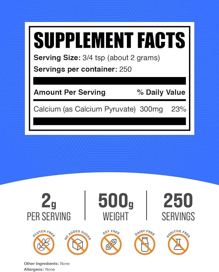 BulkSupplements.com Calcium Pyruvate Powder - Calcium Powder Supplement - Vegan & Gluten Free, 2g per Serving, 500g (1.1 lbs) (Pack of 1)