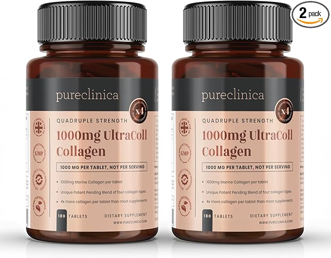 pureclinica UltraColl Marine Collagen 1000mg x 360 Tablets (2 Bottles of 180 Tablets - 6 Months Supply). The only Patented Anti-Aging Collagen Types I, II, III, and VII