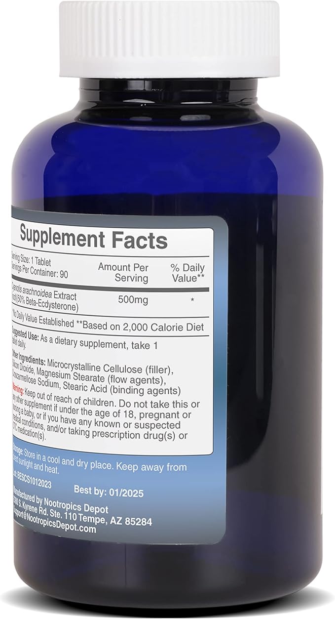 Nootropics Depot Beta Ecdysterone/20-Hydroxyecdysone 50% Tablets | 500mg | Cyanotis Arachnoidea Extract | Phytoecdysteroid | 90 Count