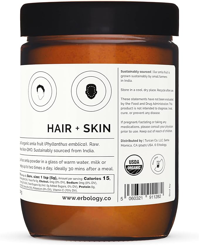 Erbology Organic Amla Powder 3.2 oz - 45 Servings - Indian Gooseberry - Skin and Hair Regeneration - Rich in Vitamin C - Sustainably Sourced Straight from Farm in India - Small Batch - GMO-Free