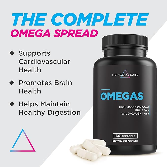 Livingood Daily Fish Oil Supplements with Omega 3 Fatty Acid, Omegas (60 Softgels) - EPA & DHA Fish Oil Pills Support Heart Health - Promotes Healthy Digestion & Brain Function - Non-GMO