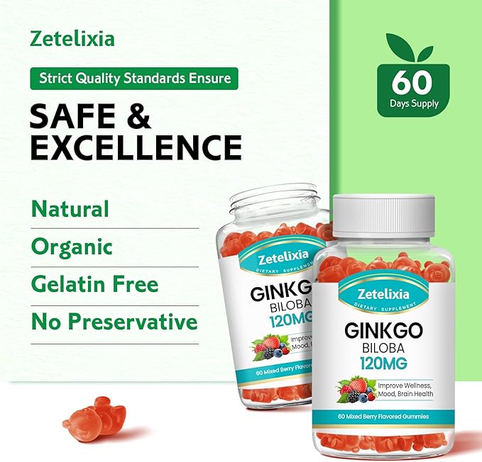 2 Pack Ginkgo Biloba Gummies for Women and Men, Brain Supplement Improve Better Mood and Focus, Vegan Mixed Berry Flavor 120 Count
