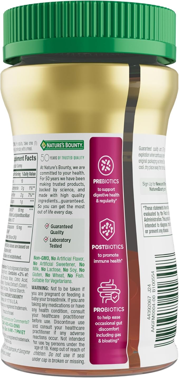 Nature’s Bounty Pre + Pro + Postbiotic Gummies for Digestive Health, Immune Support - Probiotic Gummies for Gut Health, Tropical Mango Flavor, 30 Ct