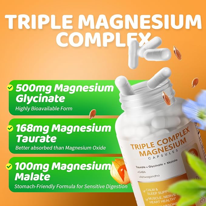 Triple Magnesium Complex - Magnesium Glycinate, Taurate & Malate Supplement with Omega3, Ashwagandha, GABA for Sleep, Brain Heart & Muscle Support - High Absorption and Gentle, Vegan, 120 Capsules