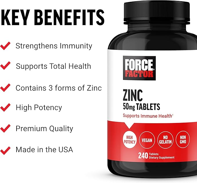 Force Factor Zinc 50mg, Zinc Supplements with Zinc Oxide Powder, Zinc Gluconate, and Zinc Citrate for Immune Support and Immune Health, High-Potency, Vegan, Gelatin Free, Non-GMO, 240 Tablets