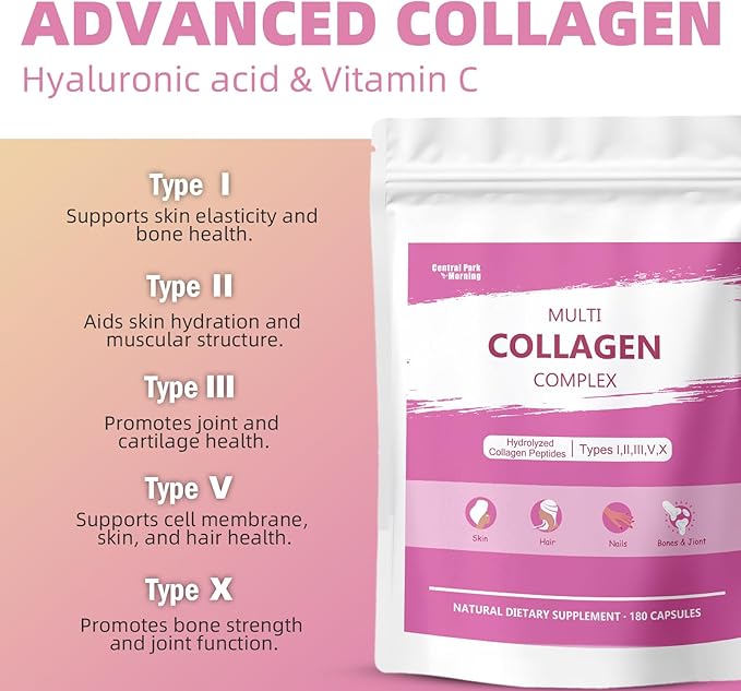 Multi Collagen Capsules for Women & Men - Hydrolyzed Collagen Type I, II, III, V, X, Hydrolyzed Collagen Supplements for Hair, Skin, Nail & Joint Support, Non-GMO - 180 Capsules