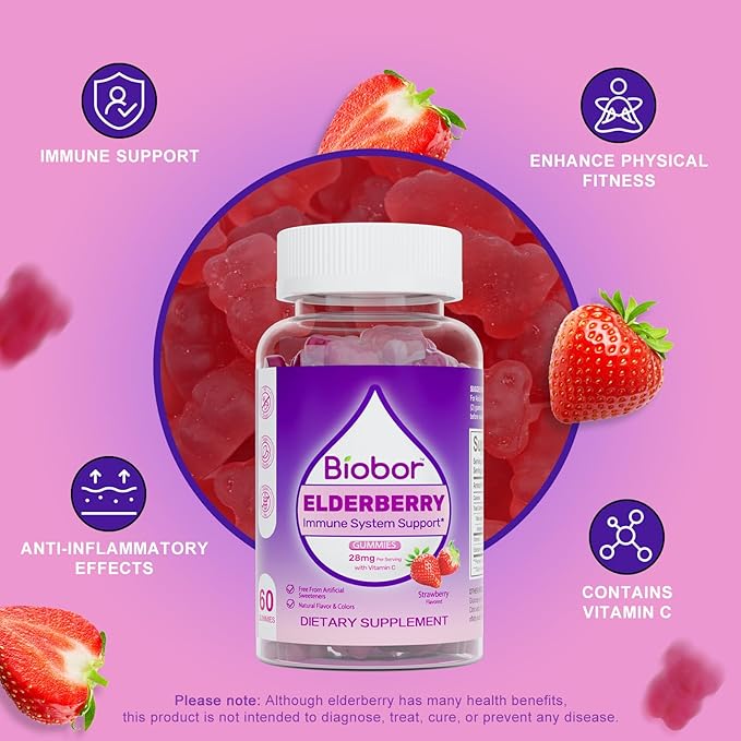 Natural Elderberry Gummies, Daily Immune Support Gummies with Vitamins C for Adults and Children Ages 4 Up, Gluten Free Vegan Elderberry Supplement (Strawberry, 60 Count)