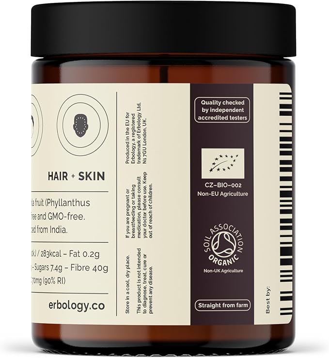 Erbology Organic Amla Powder 3.2 oz - 45 Servings - Indian Gooseberry - Skin and Hair Regeneration - Rich in Vitamin C - Sustainably Sourced Straight from Farm in India - Small Batch - GMO-Free