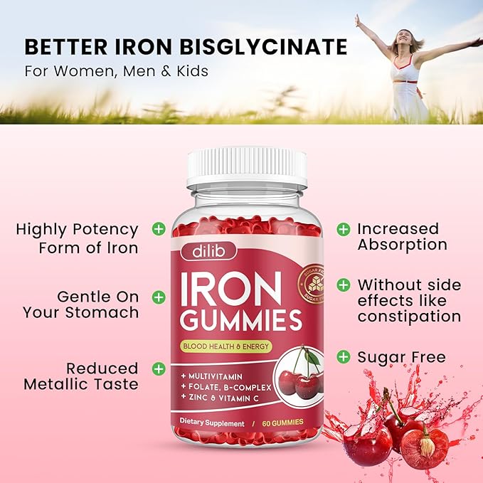 Iron Gummies with Multivitamin, Iron Supplement for Women & Men with Zinc, Vitamin B Complex & C, B12, Folate - Blood Builder & Energy Support for Adults & Kids - Cherry Flavor, Vegan 60 Gummies