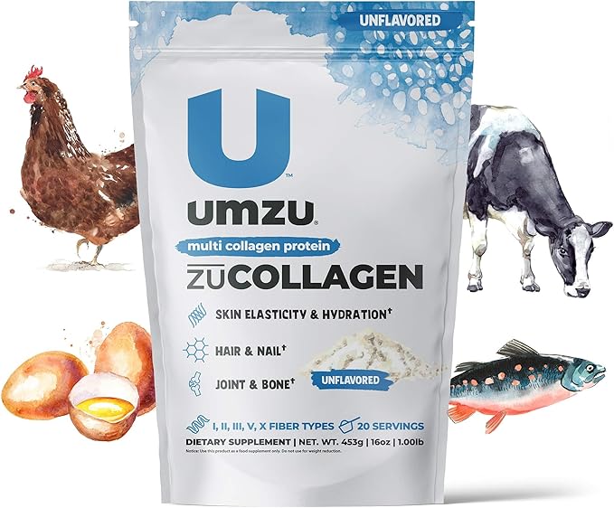 UMZU ZuCollagen Hydrolyzed Protein Powder | 5 Collagen Peptide Types for Healthy Hair, Skin, Nails, Joints & Gut | Low Calorie, High Protein (20g Protein per Serving | Unflavored)