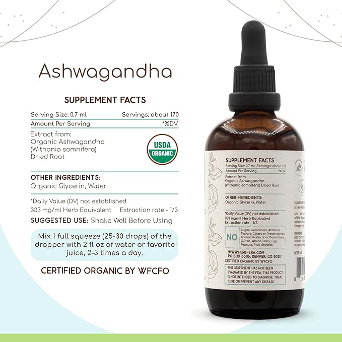 Ashwagandha B120 Alcohol-Free Herbal Extract Tincture, Super-Concentrated USDA Organic (Shui Qie, Indian Ginseng, Withania Somnifera) 4 fl oz