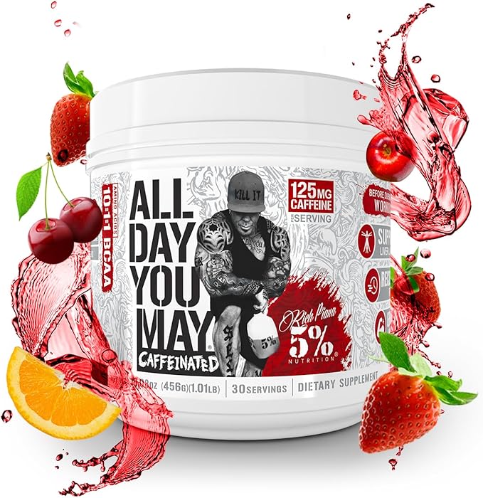 5% Nutrition Rich Piana AllDayYouMay Caffeinated BCAA Energy Powder | Premium Pre Workout Amino Energy & Electrolytes | Hydration, Endurance & Recovery | 16.08 oz, 25 Servings (Fruit Punch)