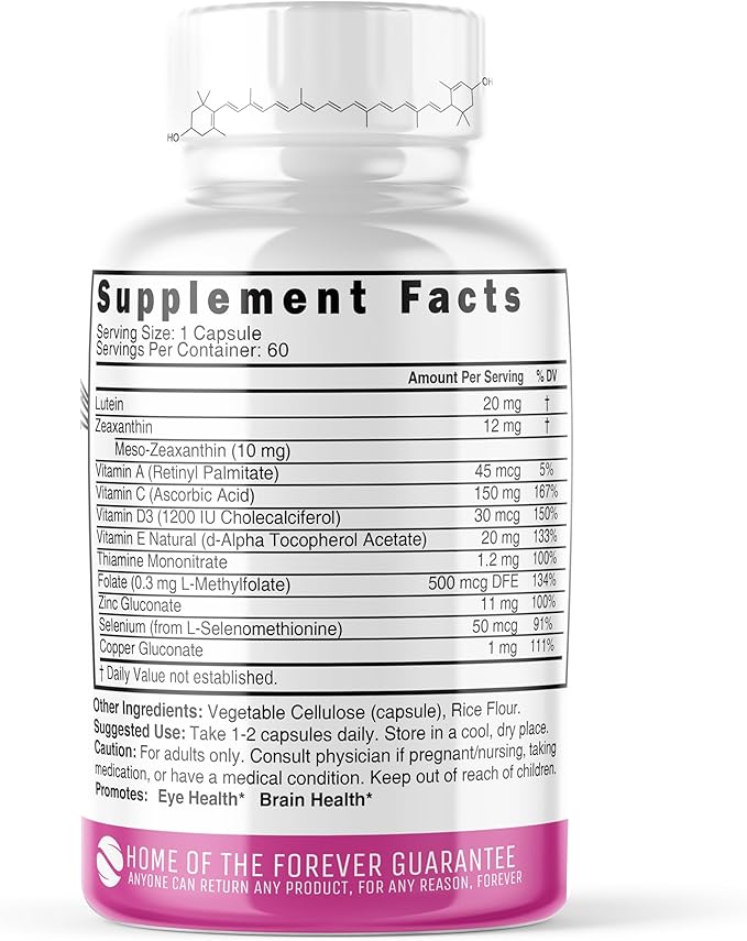Nature's Fusions Nutri Lutein 20mg Eye Vitamins Complex - Triple Carotenoid Formula - Lutein and Zeaxanthin - Contains Zinc, Vitamins A,C,D3,E, Folate - 60 Capsules - Eye Health Supplements