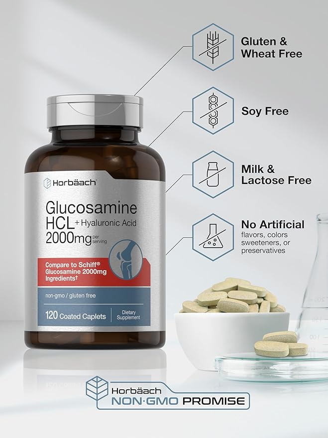 Horbäach Glucosamine HCL | with Hyaluronic Acid | 2000mg | 120 Coated Caplets | Non-GMO & Gluten Free Supplement