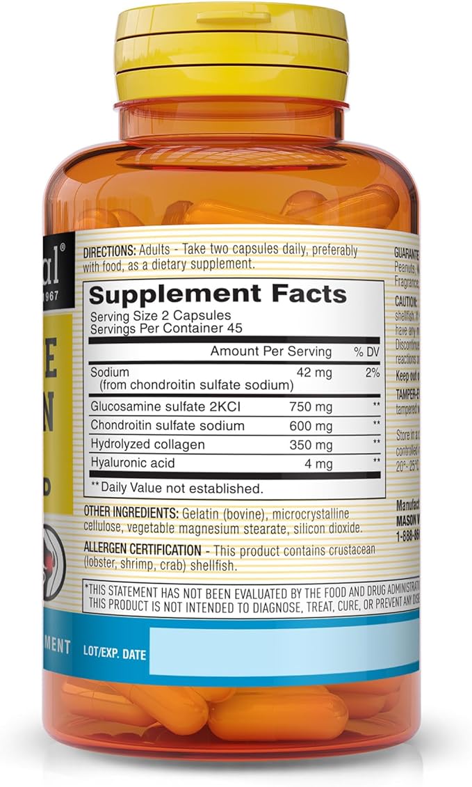 Mason Natural Glucosamine Chondroitin, Dietary Supplement Supports Joint, Bone & Cartilage Health, Promotes Flexibility and Helps Provide Pain Relief for Stiff Joints, White, 90 Count