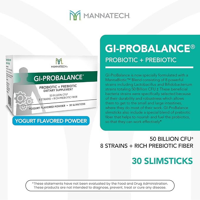 Mannatech Prebiotics and Probiotics, 30 Slimsticks, Yogurt Flavor, GI-ProBalance w/MannaBiotic Blend, Pre and Probiotics Powder for Gut Health, w/ 8 Strains, Rich Prebiotic Fiber & 50 Billion CFU