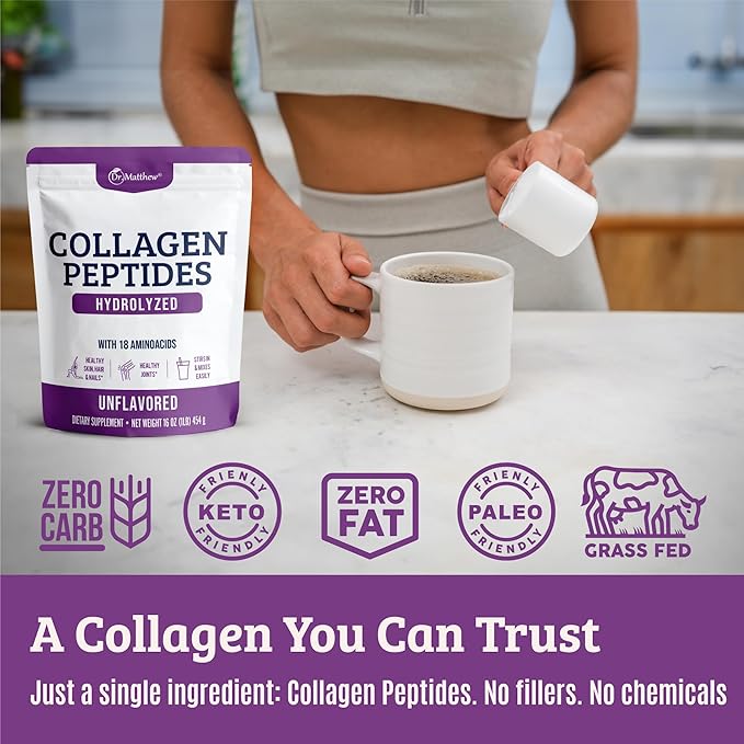 Dr. Matthew Collagen Protein Powder. Grass Fed Collagen Powder for Women & Men. Hydrolyzed Collagen Peptides Powder Unflavored. Quick Dissolve Collagen Peptides. Collagen for Joints, Hair Growth.