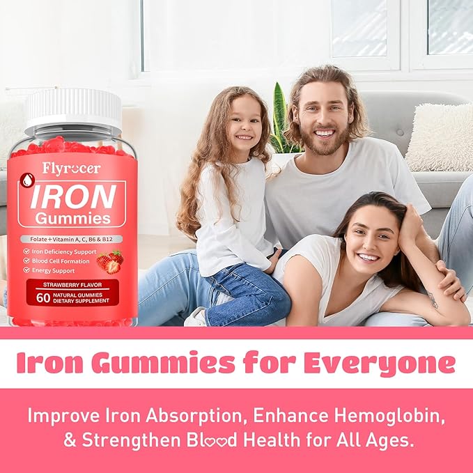 Iron Gummies for Men and Women, Energize, Combat Fatigue, Support Anemia Recovery. Packed with Iron, Folate, Vitamin C, in Vegan Strawberry Flavor, 60 Gummies