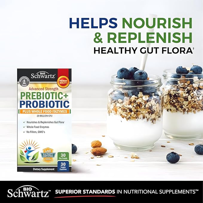 BioSchwartz Prebiotics and Probiotics for Men & Women, Gut Health with Lactobacillus Reuteri, Inulin Prebiotic Fiber, Digestive Enzymes, Non-GMO, Gluten-Free, Dairy-Free, Shelf-Stable, 30 CT
