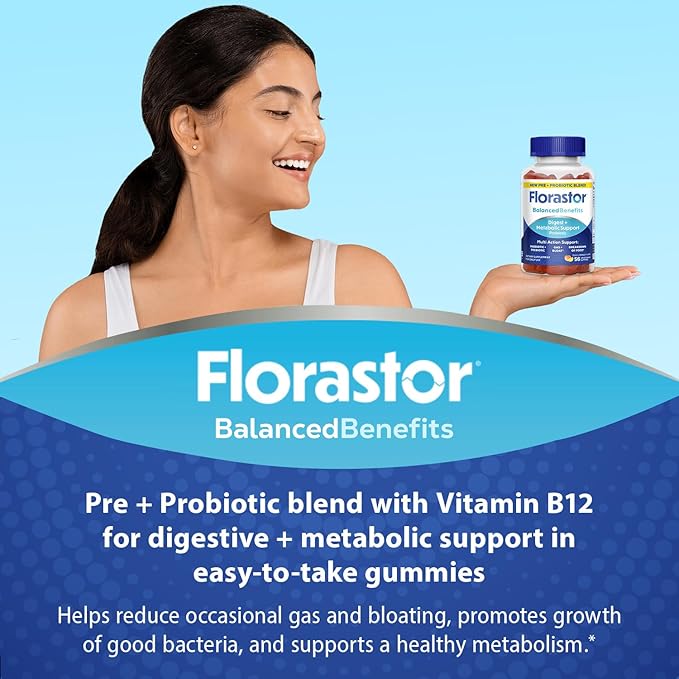 Florastor Digestive and Metabolic Support Probiotic Blend, Prebiotic and Probiotic Gummies for Multi-Action Digestive Health Care, with Vitamin B12, 56 Gummies