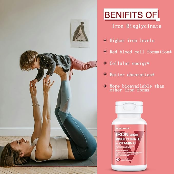 Iron Supplements for Women, Vegan Iron Bisglycinate 28mg Plus Vitamin C, Folic Acid - Iron Pills for Anemia, Iron Deficiency & Energy Support - High Absorption, Gluten-Free, Non-GMO - 60 Capsules