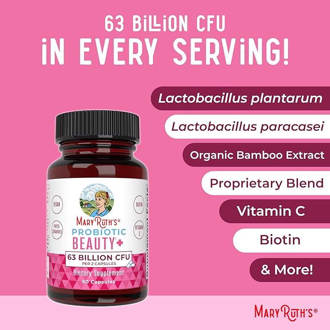 Probiotic Beauty Capsules by MaryRuth's | Vegan Collagen Support | Anti Aging | Gut Health | Hair Skin and Nails Vitamins | Skin Care | Biotin | Non-GMO Project Verified | 60 Count