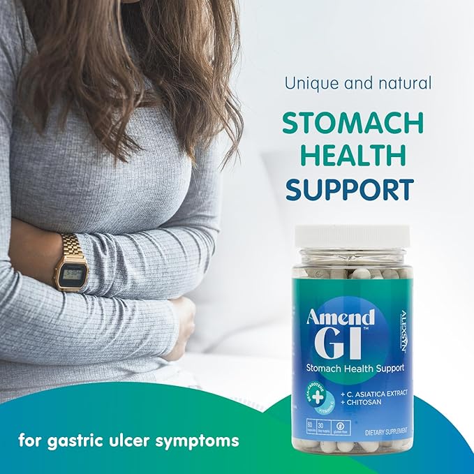 Amend GI All-Natural Stomach Health Support 60 Capsules - Nutraceutical for Stress-Induced Ulcer Symptoms - Supports Healing and Digestive Health with Asiatica Extract & CM Chitosan