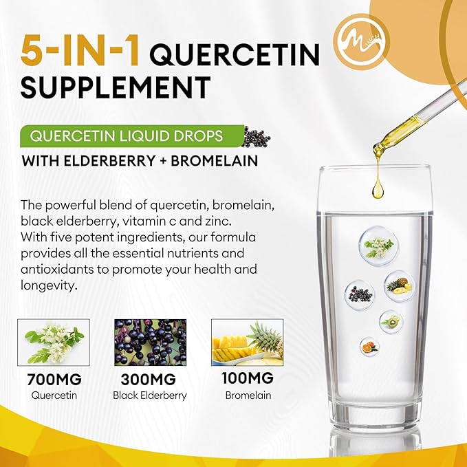 (2 Pack) Quercetin Liquid Drops - Quercetin Supplements 700mg - 4X Stronger Than Pills & Capsules - 5 in 1 Quercetin with Bromelain Elderberry Vitamin for Immunity Respiratory Wellness- 2 Fl Oz*2