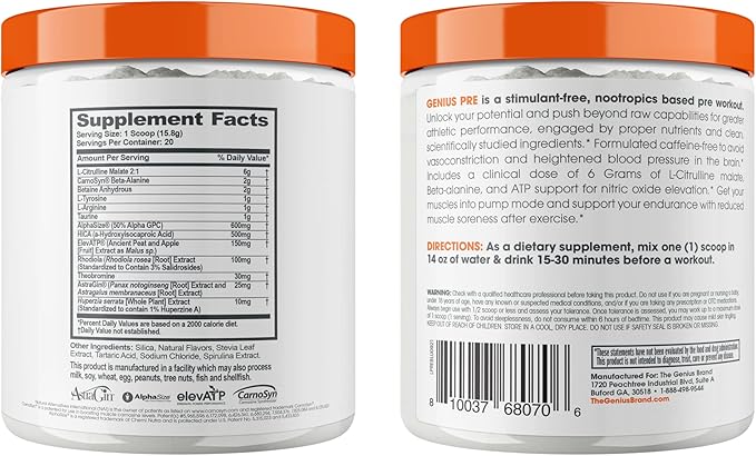 Genius Pre Caffeine-Free Pre Workout Boosted Energy, Focus, Performance Nootropic Formula AlphaSize, Citrulline Malate, CarnoSyn Beta Alanine Endurance, Stamina, Recovery, 20 Servings - Blue Raspberry