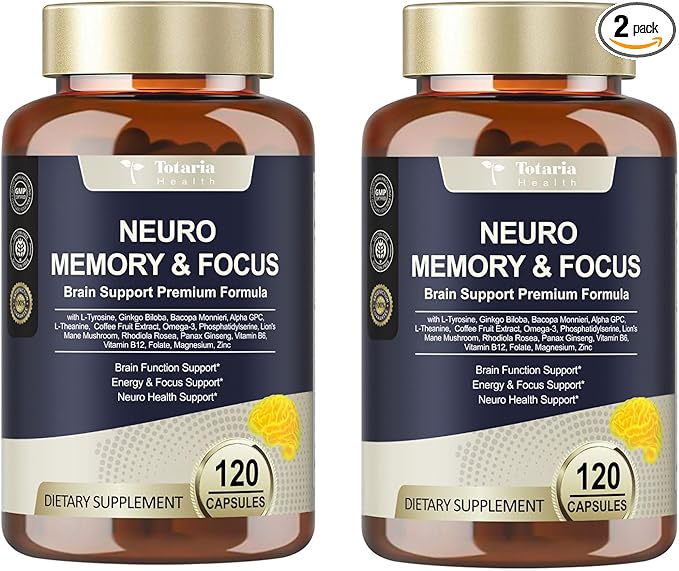 (2 Packs) Brain Supplements for Memory and Focus & Neuro Health - Daily Brain Nootropic Cognitive Supplement with L-Tyrosine, Bacopa Monnieri, Ginkgo Biloba, Alpha GPC - Non-GMO, Gluten Free, Vegan
