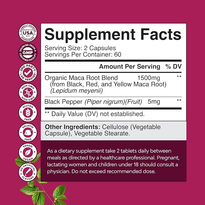 Organic Maca Root Capsules for Women - Potent Herbal Supplement with Female Enhancing Blend of Red Yellow & Black Maca Root - Non-GMO Certified Vegan and Gluten-Free with No Artificial Colors - 120ct