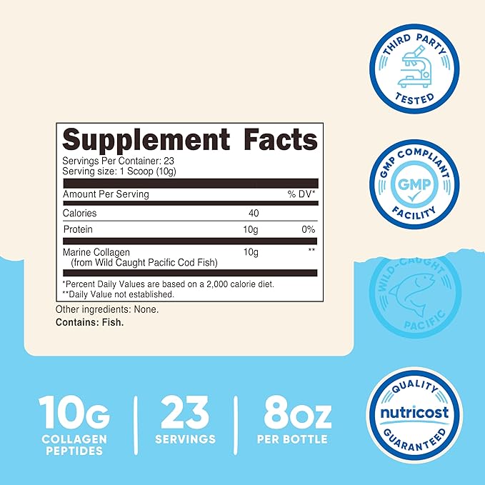 Nutricost Marine Collagen Powder Wild Caught Fish (8 oz) - 23 Servings, 10 G Protein Per Serving, Alaskan Wild-Caught