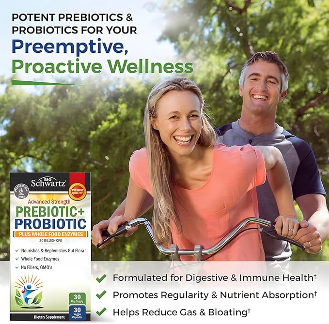 BioSchwartz Prebiotics and Probiotics for Men & Women, Gut Health with Lactobacillus Reuteri, Inulin Prebiotic Fiber, Digestive Enzymes, Non-GMO, Gluten-Free, Dairy-Free, Shelf-Stable, 30 CT