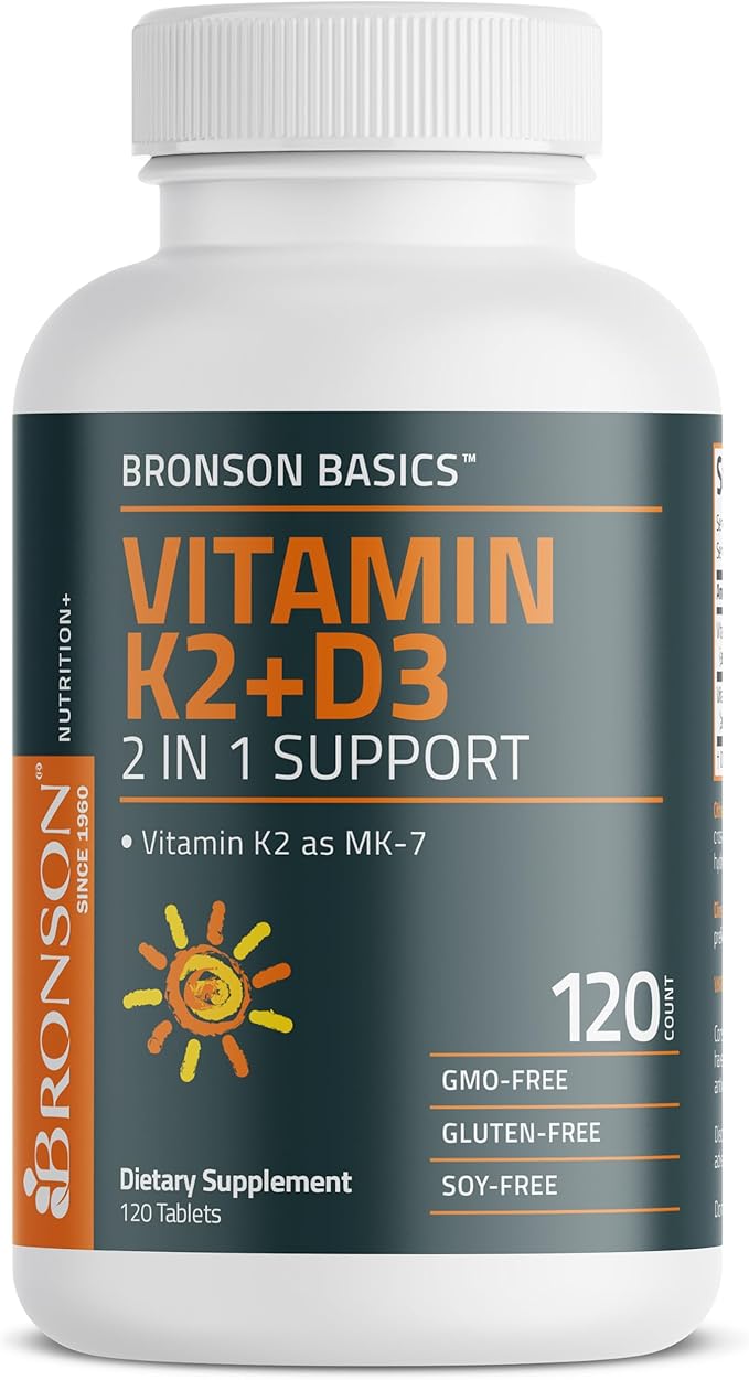 Bronson Vitamin K2 D3 (MK7) Supplement Non-GMO Formula Vitamin D3 5000IU (125 mcg) & 90 mcg K2 MK-7, Easy to Swallow D & K Complex, 120 Tablets