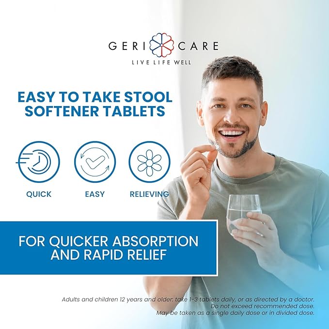 GeriCare Docusate Sodium Stool Softeners, Best Stool Softener for Daily use for Women, Men, and Elderly - Ideal for Constipation Relief 100mg Crushable Tablets. (100 Count) Made in the USA (Pack of 4)