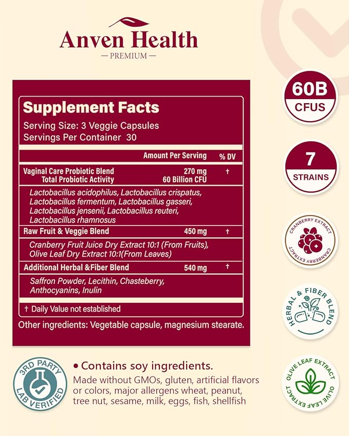 Vaginal Probiotics for Women - 60 Billion Womens Probiotic for Vaginal Flora, Odor, Yeast, Gut & Digestive Health with Saffron, Lecithin, Cranberry & Olive Leaf Extracts | 180 Veggie Caps