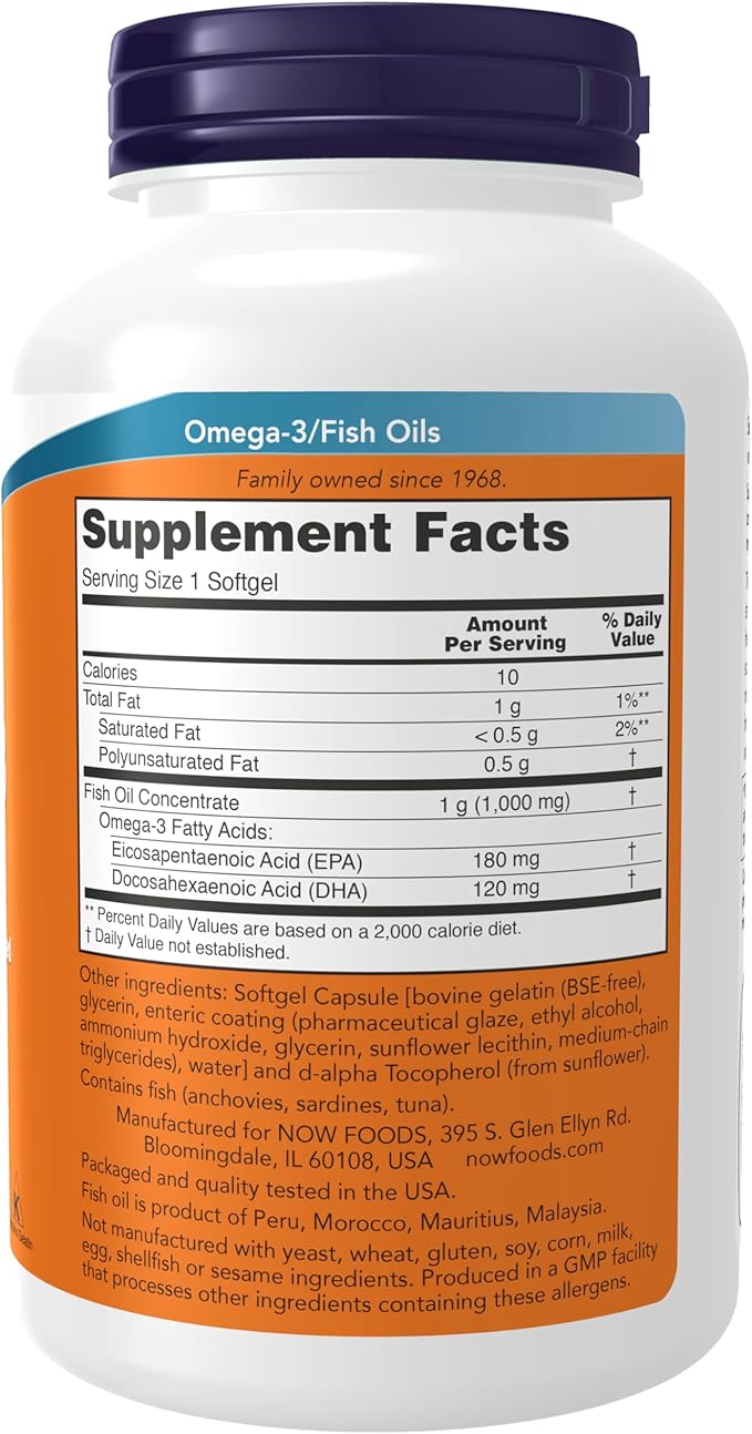 NOW Foods Supplements, Omega-3 180 EPA / 120 DHA, Enteric Coated, Cardiovascular Support*, 180 Softgels