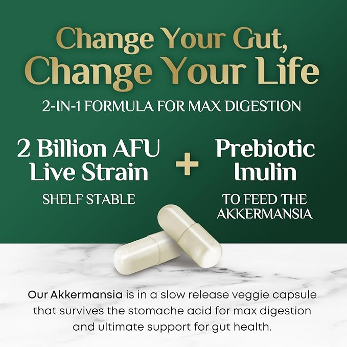 GLP-1 Akkermansia Probiotic Supplement for Women & Men, Akkermansia Muciniphila GLP 1 Probiotics with Prebiotic, 2 Billion AFU, Natural Digestive, Gut Health, & GLP 1 Production Support, 60 Capsules