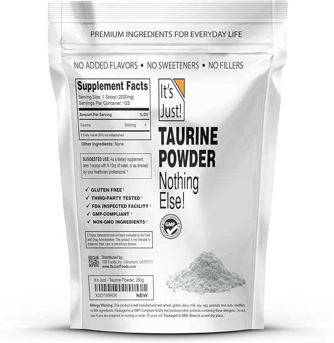 It's Just! - Taurine Powder, 250g Bulk, Pre-Workout Supplement, Unflavored (250g / 125 Servings)