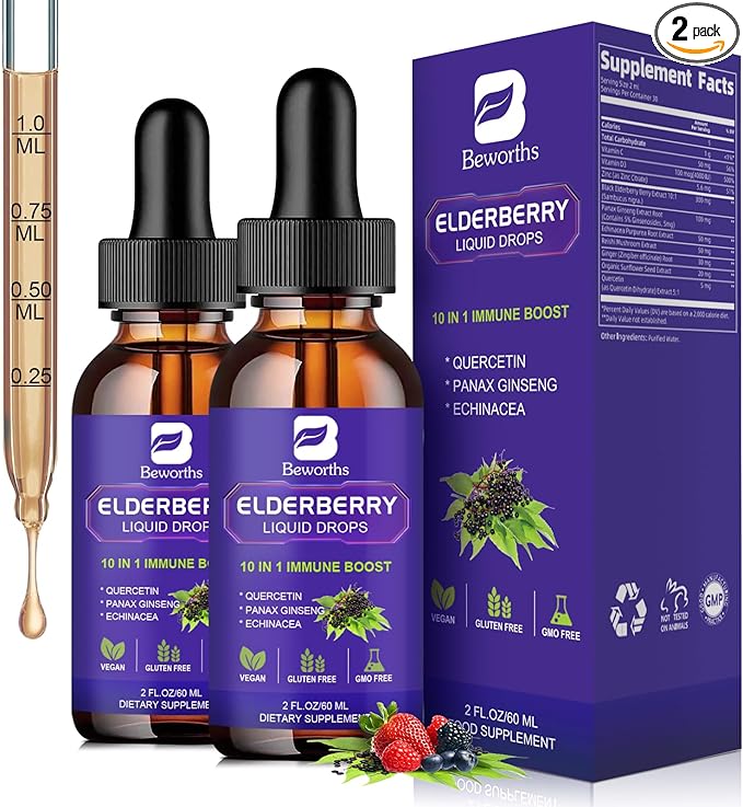 2 Pack Elderberry Syrup, Black Elderberry Drops with Quercetin, Panax Ginseng, Vitamin C and Zinc, Sambucus Elderberry Syrup Liquid for Immune Support, Vegan, Non-GMO & Gluten Free