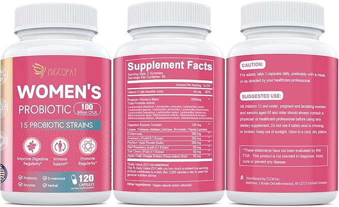 Probiotics for Women, 100 Billion CFU Womens Probiotic with Prebiotics, Digestive Enzymes, D-Mannose & Cranberry Extract for Immune Support, Vaginal & Urinary Health, Digestive Balance - 120 Capsules