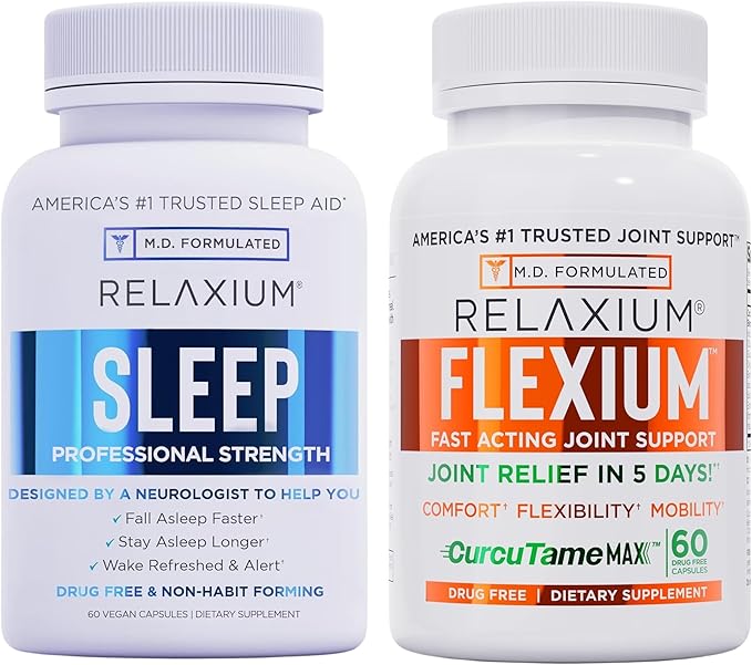 Relaxium Sleep & Joint Relief Bundle, Melatonin & Ashwagandha Sleep Aid + CurcuTame & Glucosamine Chondroitin, 60 Capsules Each, Drug-Free Support for Sleep & Joint Health