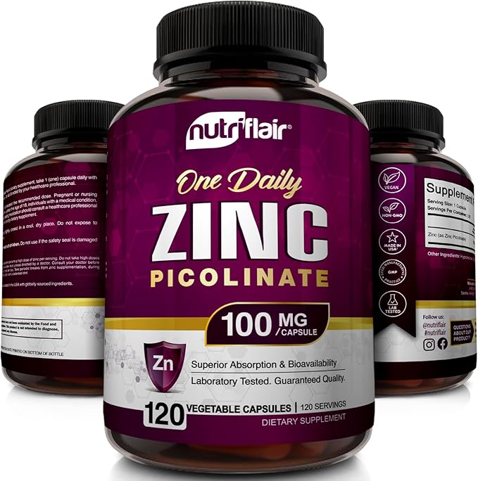 NutriFlair Zinc Picolinate 100mg, 120 Capsules - Vegan, Non-GMO, Made in USA, Third-Party Lab Tested