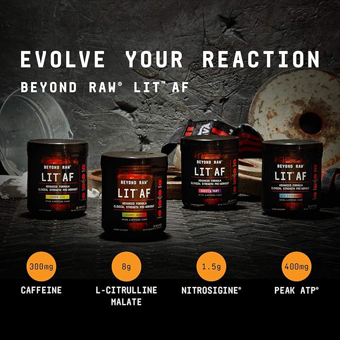 BEYOND RAW LIT Advanced Pre Workout Formula, Lemon Ice, for Energy, Focus, Endurance, Pumps, with 300mg Rapid and Targeted Release Caffeine, Creatine, Betaine, Beta Alanine, Taurine, 20 Servings