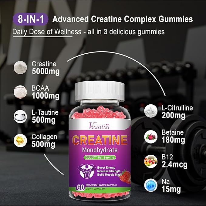 2 Pack Creatine Monohydrate Gummies for Women & Men, Sugar Free Vegan Creatine Supplement for Build Muscles, Increase Energy & Strength, Natural Strawberry Flavor, 120 Count