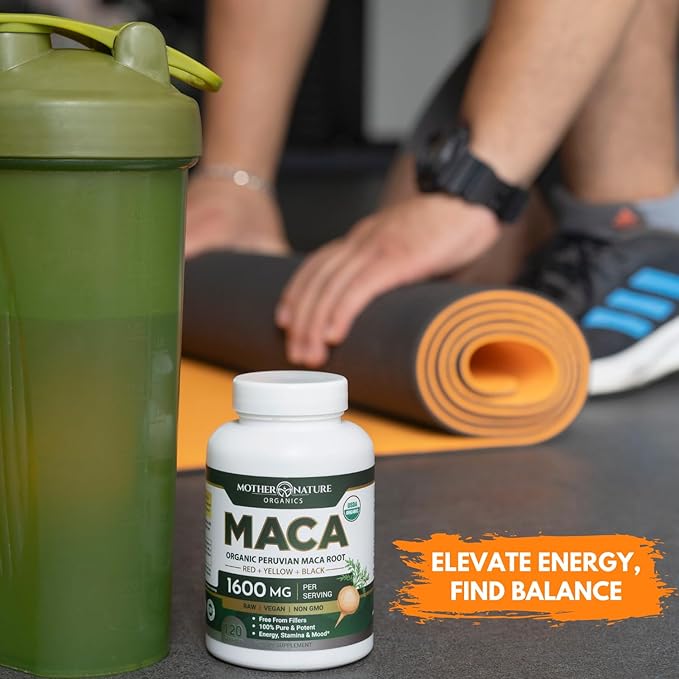 Mother Nature USDA Organic Maca Root Capsules, Black + Red + Yellow Peruvian Maca for Women & Men 1600mg - Supports Mood, Hormonal Balance Reproduction & Energy - Vegan Pills (120ct)