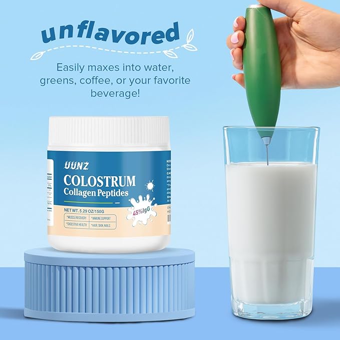 Bovine Colostrum Powder with Collagen Peptides Powder, Nourishes Hair, Skins, Bones, Cartilage, Body Systems, 45% IgG Supplements Mixed Collagen Protein Unflavored(Bovine Colostrum 150g)