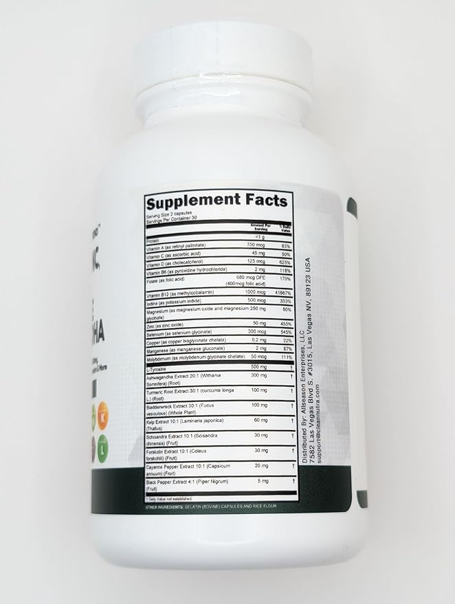 Clean Nutra Selenium 300mcg Iodine 500mcg Thyroid Support for Women & Men | L Tyrosine 500mg Ashwagandha Supplement Bladderwrack, Turmeric, Kelp, Schisandra Zinc Pills Capsule Supplements